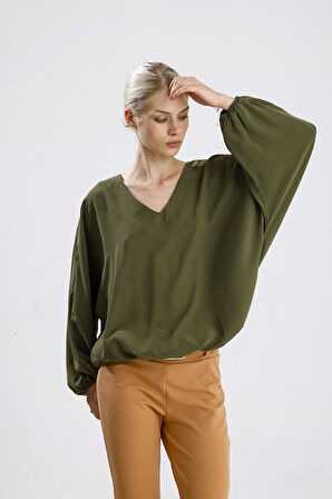 Yakası Pervazlı Etek Ucu Lastikli Jesika Bluz | Blz34815 Yesıl