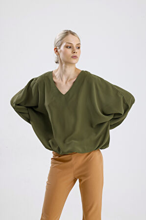 Yakası Pervazlı Etek Ucu Lastikli Jesika Bluz | Blz34815 Yesıl