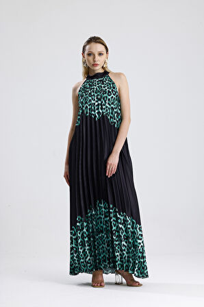 Boyundan Bağlamali Piliseli  Kolsuz Saten Elbise | Elb34513 Yeşil Leopar