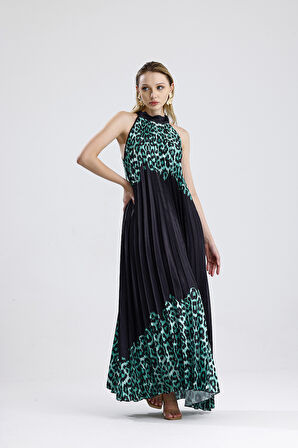 Boyundan Bağlamali Piliseli  Kolsuz Saten Elbise | Elb34513 Yeşil Leopar