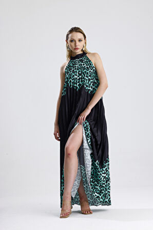 Boyundan Bağlamali Piliseli  Kolsuz Saten Elbise | Elb34513 Yeşil Leopar