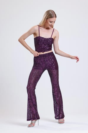 Astarlı Gizli Fermuarlı Zara Payet Pantolon | Pnt32488 Mor