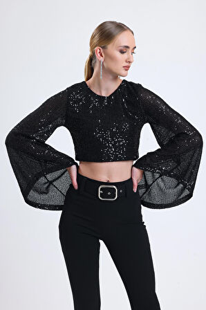 İçi Astarlı Abiye Payet Bluz| BLZ35014 Siyah