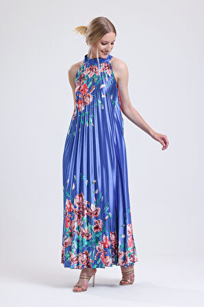 Boyundan Bağlamali Piliseli Dijital Baskili Kolsuz Saten Elbise | Elb34513 Gökkuşağı