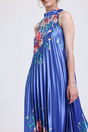 Boyundan Bağlamali Piliseli Dijital Baskili Kolsuz Saten Elbise | Elb34513 Gökkuşağı