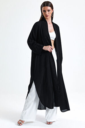 Önü Taş Detaylı Abiye Kimono | KMN34913 Siyah