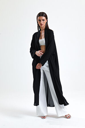 Önü Taş Detaylı Abiye Kimono | KMN34913 Siyah