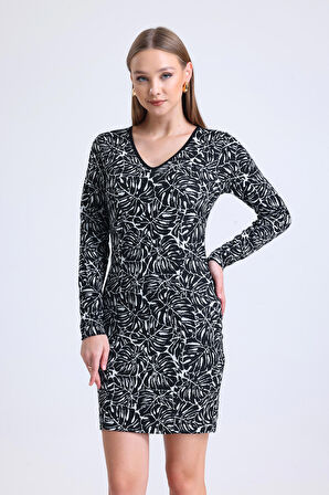 Uzun Kol Jakarlı Mini Elibise | Elb35094 Ekru Siyah