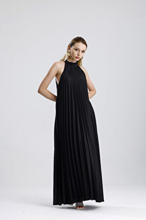 Boyundan Bağlamali Piliseli  Kolsuz Saten Elbise | Elb34513 Siyah