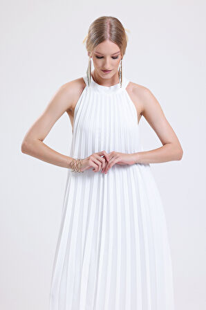 Astarlı Piliseli Uzun Abiye Şifon Elbise | ELB3512 Ekru