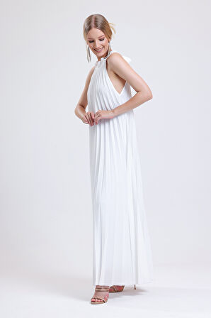 Astarlı Piliseli Uzun Abiye Şifon Elbise | ELB3512 Ekru