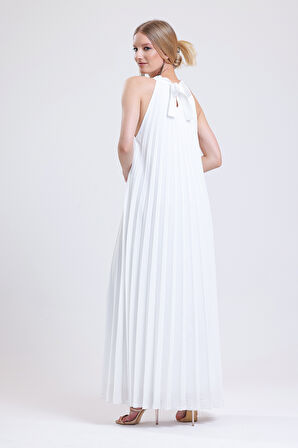 Astarlı Piliseli Uzun Abiye Şifon Elbise | ELB3512 Ekru