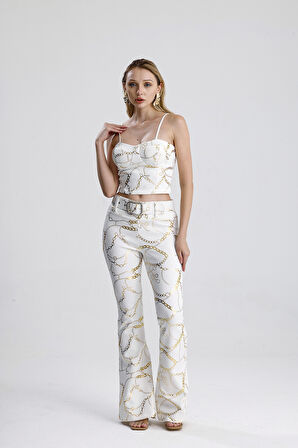 İspanyol paça Varak Baskılı Scuba Pantolon | PNT33581 Ekru Gold Zincir Desen