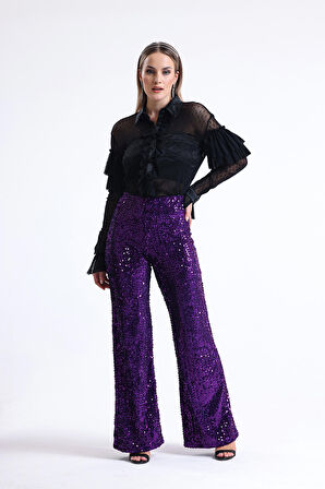 Lastikli Geniş Paça Payetli Abiye Pantolon | Pnt33970 Mor