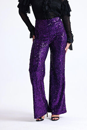 Lastikli Geniş Paça Payetli Abiye Pantolon | Pnt33970 Mor