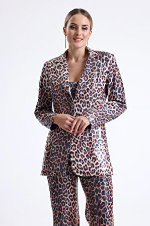İci Astarlı Leopar Desenli Abiye Pul payet Ceket | CKT34264 KZIL LEOPAR