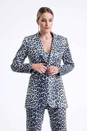 İci Astarlı Leopar Desenli Abiye Pul payet Ceket | CKT34264 Siyah Gümüş Leopar