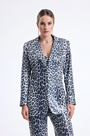 İci Astarlı Leopar Desenli Abiye Pul payet Ceket | CKT34264 Siyah Gümüş Leopar