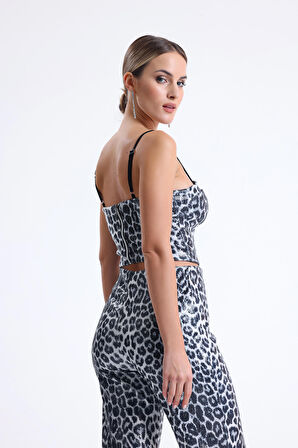 Gloplu Fermuarlı Pul Payet Bustiyer | BUS32675 Siyah Gümüş Leopar