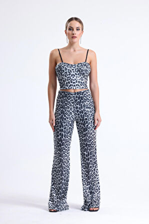 Gloplu Fermuarlı Pul Payet Bustiyer | BUS32675 Siyah Gümüş Leopar