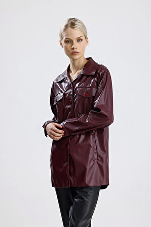 Önü Cepli Düğmeli U Kol Deri Gömlek GML33163 Bordo