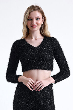 Simli Sakallı Abiye Crop Bluz | BLZ35283 Siyah