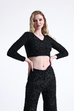Simli Sakallı Abiye Crop Bluz | BLZ35283 Siyah