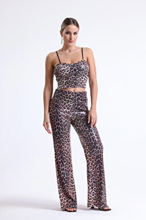 Sense Geniş Paçalı Payet Pantolon | Pnt32440 KZIL LEOPAR