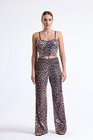 Sense Geniş Paçalı Payet Pantolon | Pnt32440 KZIL LEOPAR