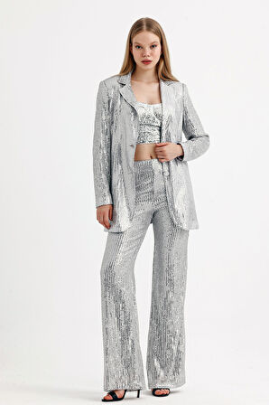 Beli Lastikli  Payet Abiye Pantolon | Pnt35233 Grı