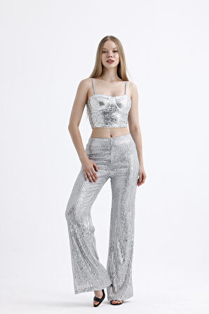 Beli Lastikli  Payet Abiye Pantolon | Pnt35233 Grı