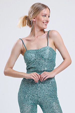 Sense Gloplu Arkası Fermuarlı Payet Bustiyer BST33154 Yesıl