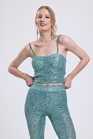 Sense Gloplu Arkası Fermuarlı Payet Bustiyer BST33154 Yesıl