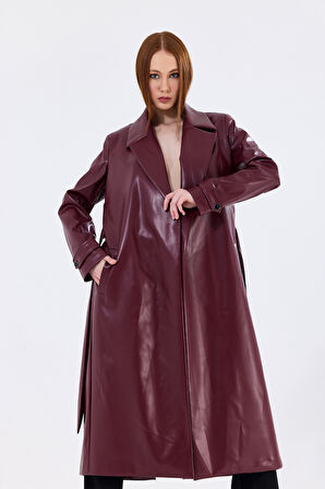 Astarlı Beli Kuşaklı  Apoletli  Suni Deri Trençkot Pardüsü Bordo