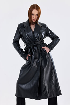 Astarlı Beli Kuşaklı  Apoletli  Suni Deri Trençkot Pardüsü Siyah