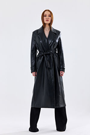 Astarlı Beli Kuşaklı  Apoletli  Suni Deri Trençkot Pardüsü Siyah