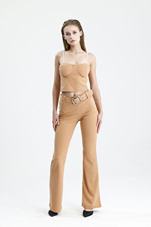 İspanyol Paça Kemerli Örme Kumaş Pantolon PNT32439 Bisküvi