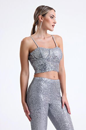 Gloplu Arkası Fermuarlı  Zara Payet Bustiyer | BST33154 Grı