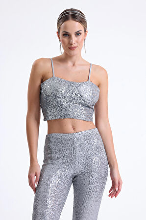 Gloplu Arkası Fermuarlı  Zara Payet Bustiyer | BST33154 Grı