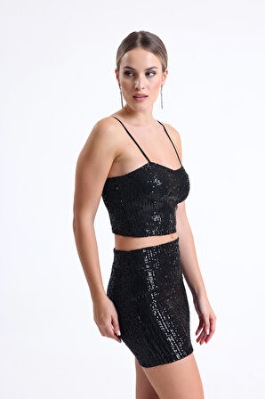 Gloplu Arkası Fermuarlı  Zara Payet Bustiyer | BST33154 Siyah