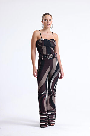 Desenli Ottoman Kemerli Pantolon | Pnt35240 Kahve Bej Siyah Desenli