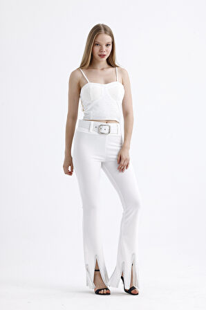 Kemerli Taş Detaylı Abiye Pantolon | Pnt35061 Beyaz