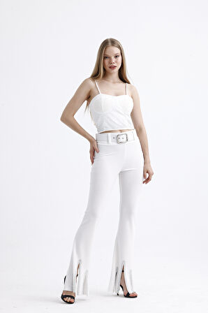 Kemerli Taş Detaylı Abiye Pantolon | Pnt35061 Beyaz