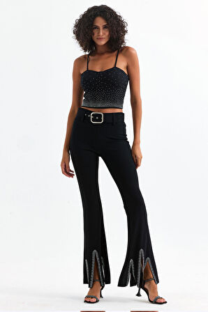 Kemerli Taş Detaylı Abiye Pantolon | Pnt35061 Siyah