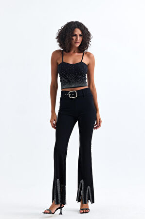 Kemerli Taş Detaylı Abiye Pantolon | Pnt35061 Siyah