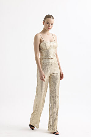Beli Lastikli  Payet Abiye Pantolon | Pnt35233 Gold