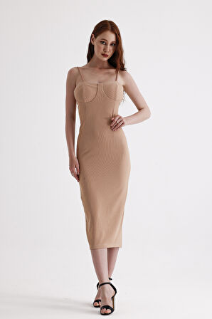 Arka Gizli Fermuarli Gloplu Askili Ottoman Elbise | Elb35442 Bej