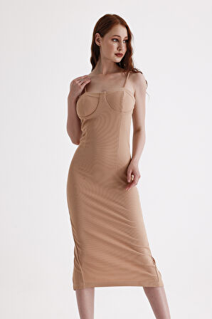 Arka Gizli Fermuarli Gloplu Askili Ottoman Elbise | Elb35442 Bej