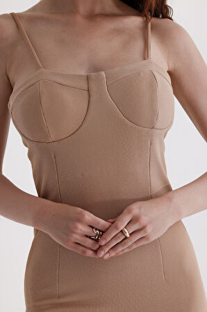 Arka Gizli Fermuarli Gloplu Askili Ottoman Elbise | Elb35442 Bej