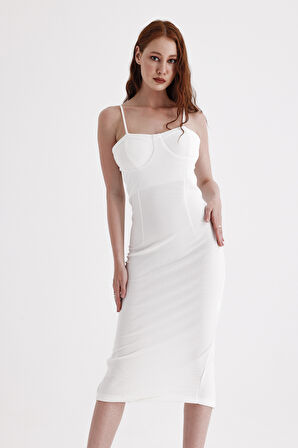 Arka Gizli Fermuarli Gloplu Askili Ottoman Elbise | Elb35442 Ekru